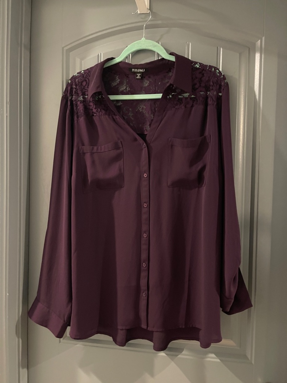 Roz & Ali Plum Lace-Yoke Button-Down Shirt